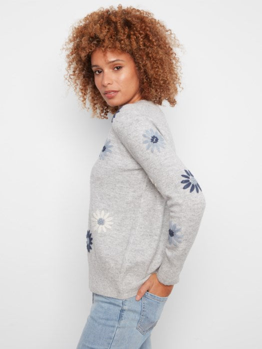 Pull brodé à fleurs à col en V