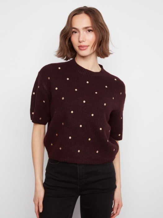 Pull brodé à pois à manches coudes