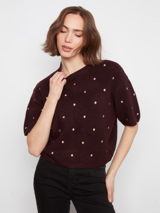 Pull brodé à pois à manches coudes