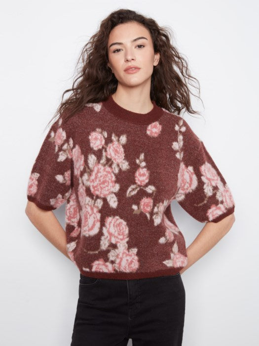 Pull en tricot fleuri Jacquard à manches coudes ballon