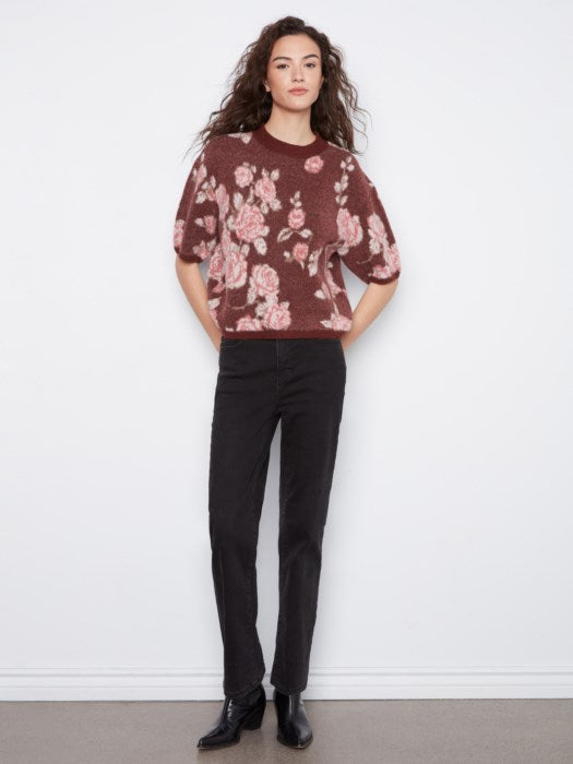Pull en tricot fleuri Jacquard à manches coudes ballon