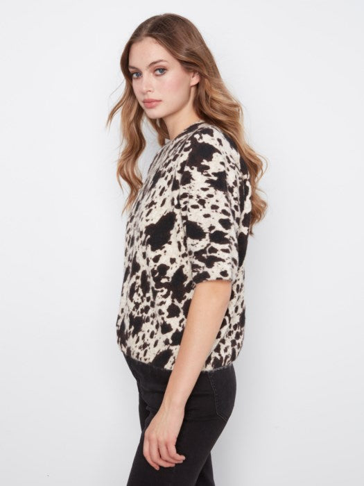 Pull en maille à manches coudes en ballon à motif de vache