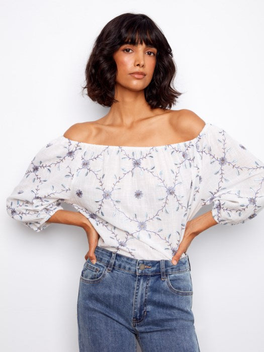 Blouse en coton brodé à épaules dénudées CHARLIE B