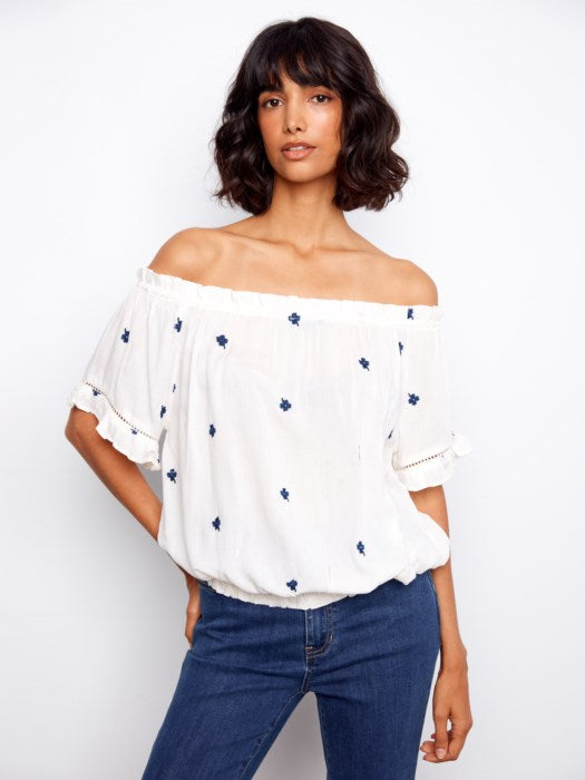 Embroidered Short Sleeve Off-Shoulder Blouse CAHRLIE B