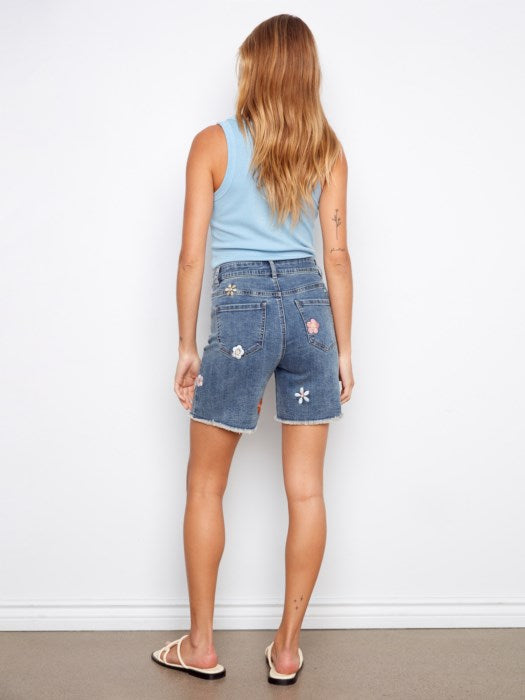 Embroidered Stretch Denim Shorts CHARLIE B