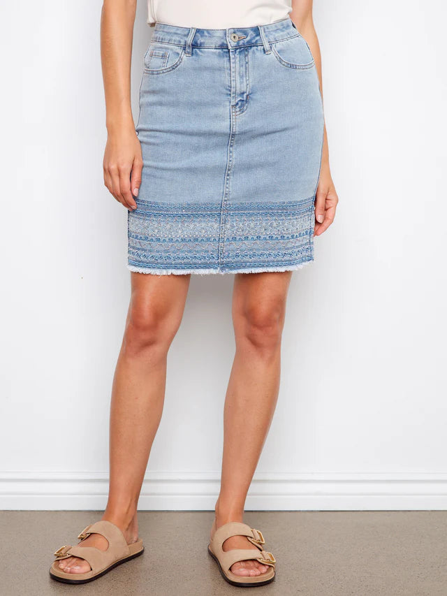 Jupe-short en denim à ourlet brodé