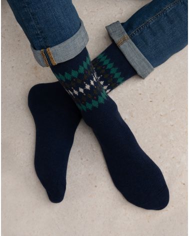 Chaussette Homme Laine Cachemire LOSANGES BLEU FORÊT