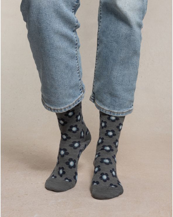Chaussettes Laine Fine FLEURS BLEU FORÊT