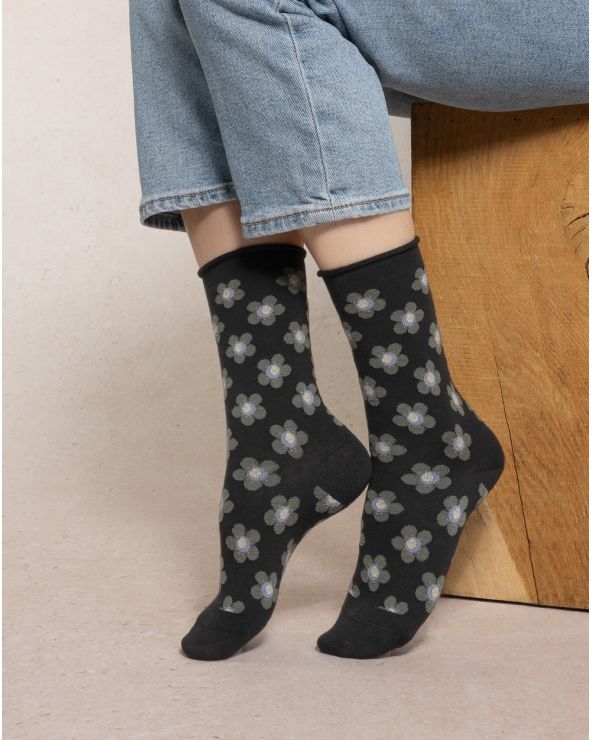 Chaussettes Laine Fine FLEURS BLEU FORÊT