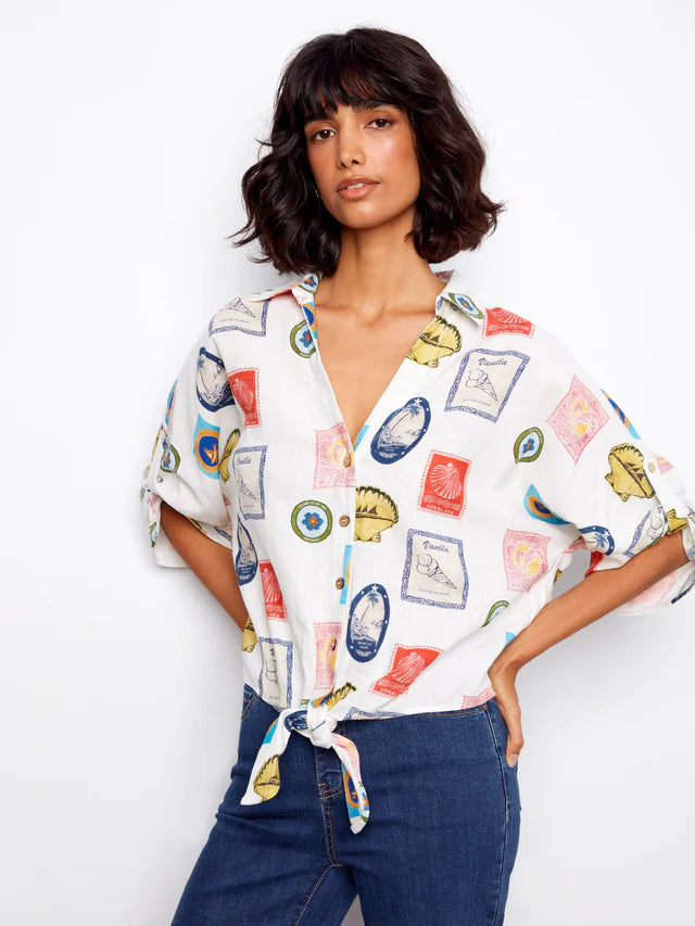 Blouse en mélange de lin imprimé à nouer à l'avant CHARLIE B