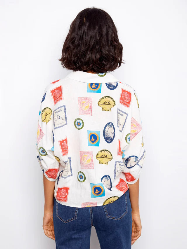 Blouse en mélange de lin imprimé à nouer à l'avant CHARLIE B