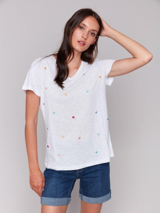 T-shirt en coton brodé à col en V CHARLIE B