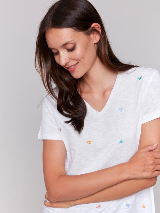 T-shirt en coton brodé à col en V CHARLIE B