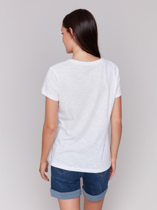 T-shirt en coton brodé à col en V CHARLIE B