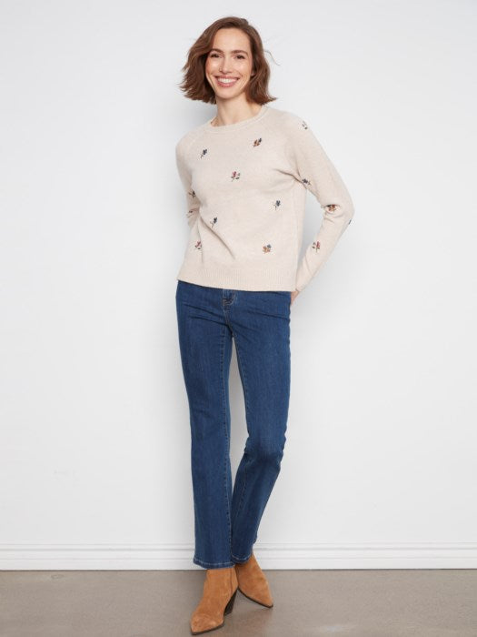 Pull raglan fleuri brodé