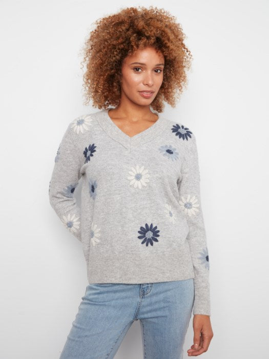 Pull brodé à fleurs à col en V