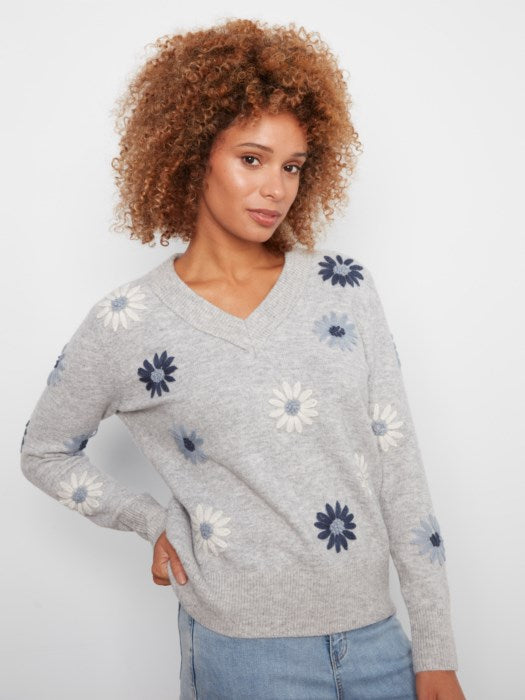 Pull brodé à fleurs à col en V