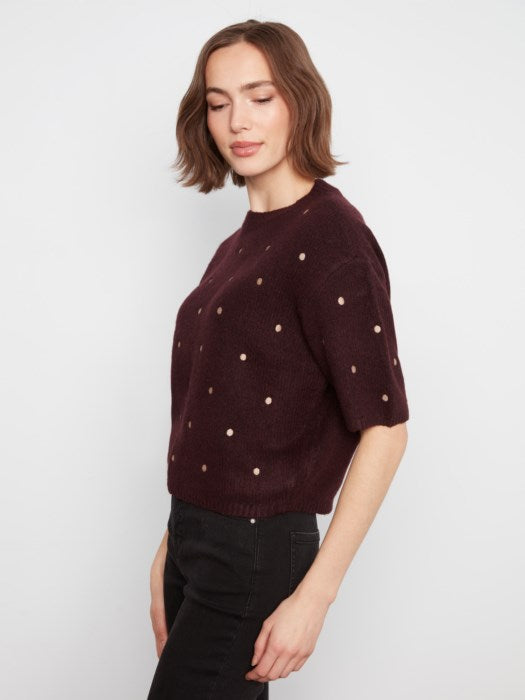 Pull brodé à pois à manches coudes