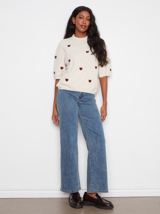 Pull en tricot en coude en ballon en forme de cœur brodé