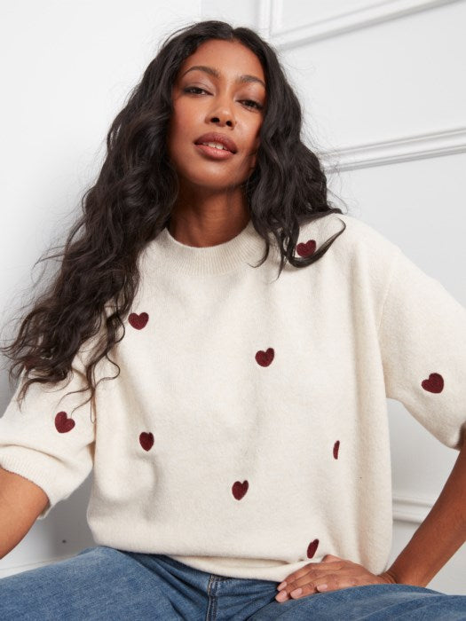 Pull en tricot en coude en ballon en forme de cœur brodé