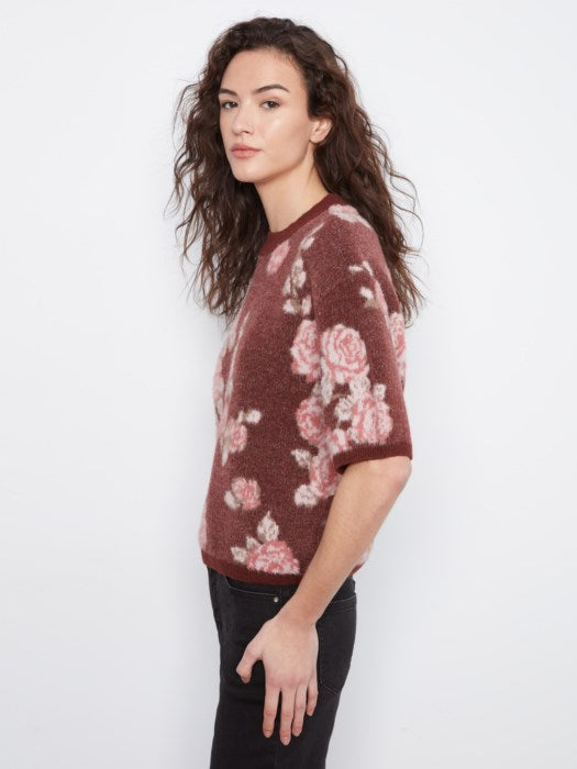 Pull en tricot fleuri Jacquard à manches coudes ballon