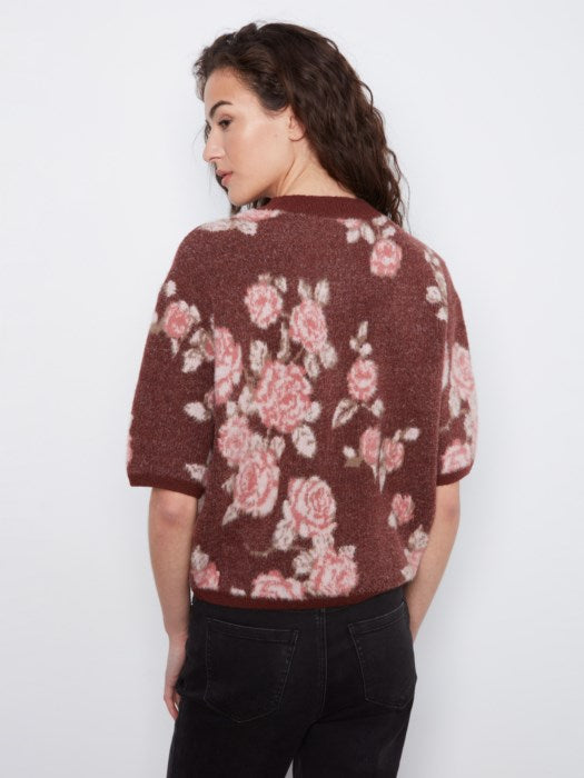 Pull en tricot fleuri Jacquard à manches coudes ballon