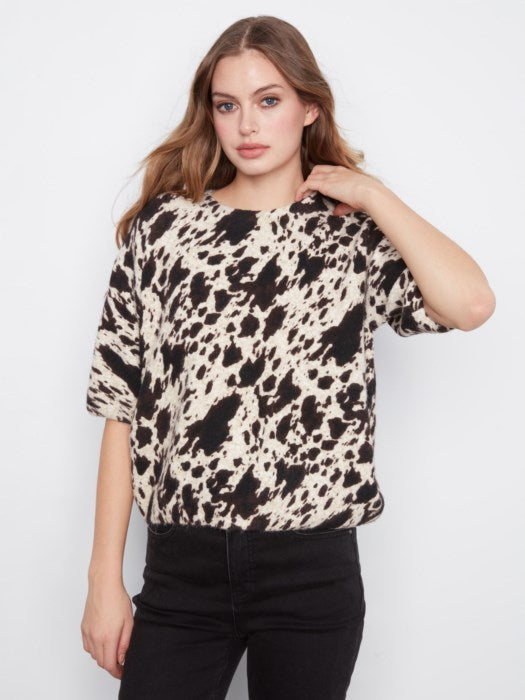 Pull en maille à manches coudes en ballon à motif de vache
