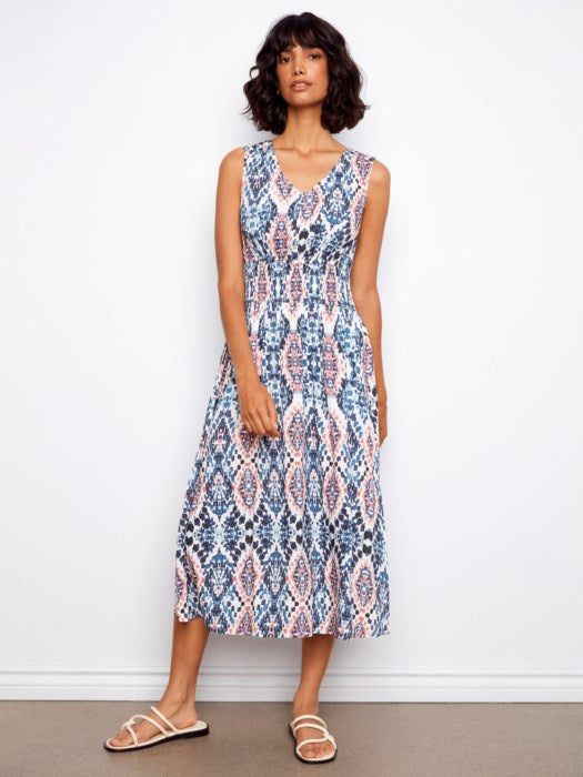 Smocked Printed Viscose Dress CHARLIE B