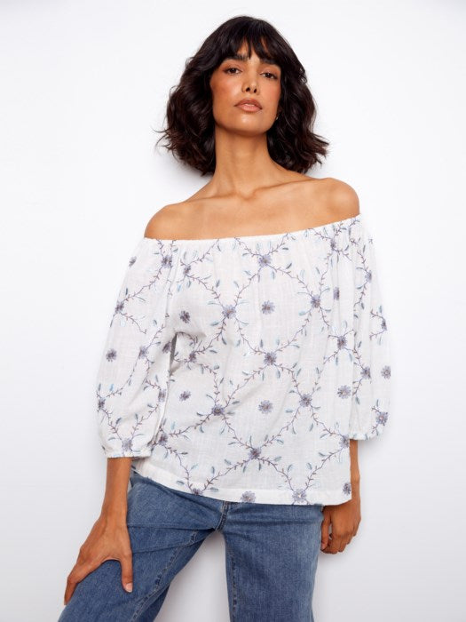 Blouse en coton brodée à épaules dénudées  CHARLIE B