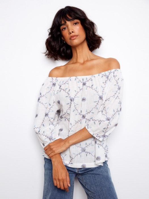 Blouse en coton brodé à épaules dénudées CHARLIE B