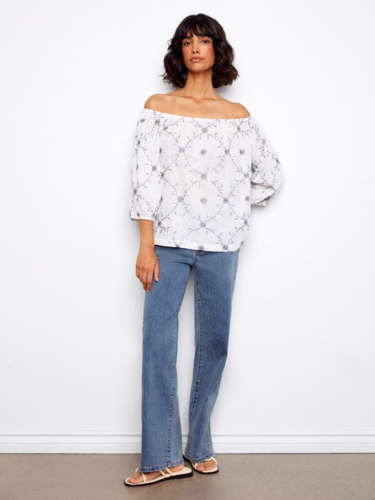 Blouse en coton brodée à épaules dénudées  CHARLIE B