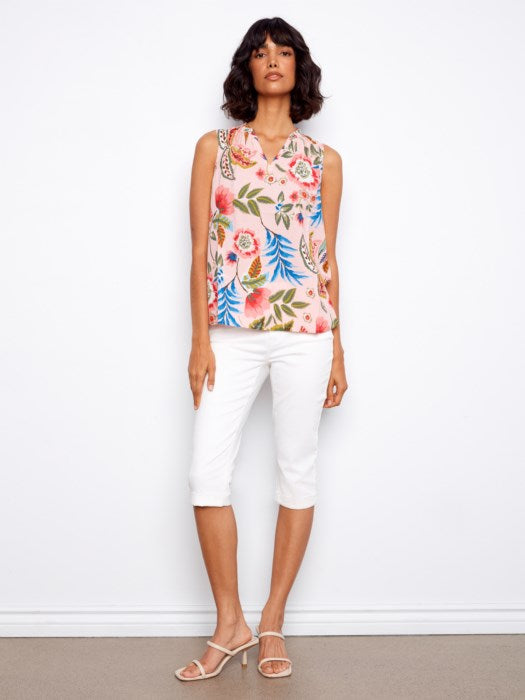 Printed Sleeveless Ruffle Neck Top CHARLIE B
