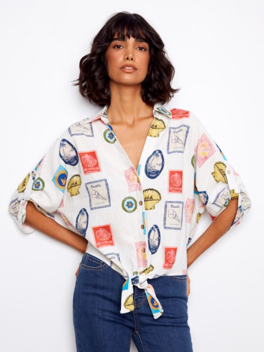 Blouse en mélange de lin imprimé à nouer à l'avant CHARLIE B