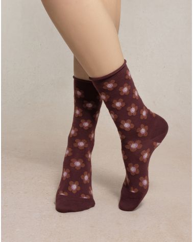 Chaussettes Laine Fine FLEURS BLEU FORÊT