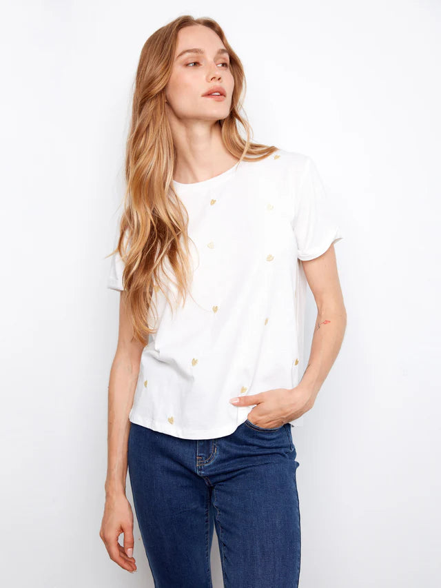 T-shirt en jersey de coton à cœurs brodés CHARLIE B