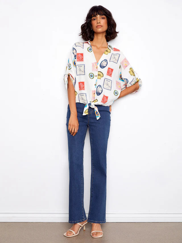 Blouse en mélange de lin imprimé à nouer à l'avant CHARLIE B