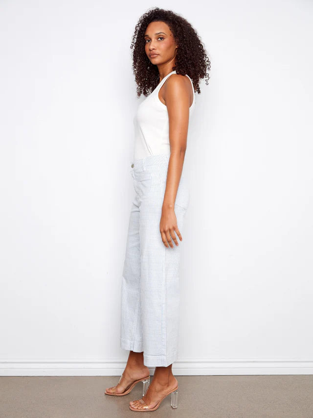 Pantalon évasé à poches patch rayé et court