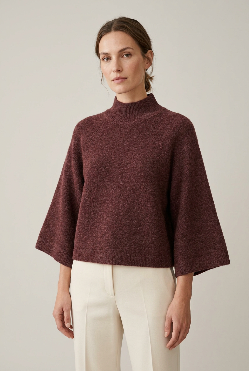 Pull rouge chocolat à col montant et larges manches porté par une mannequin avec un pantalon crème.